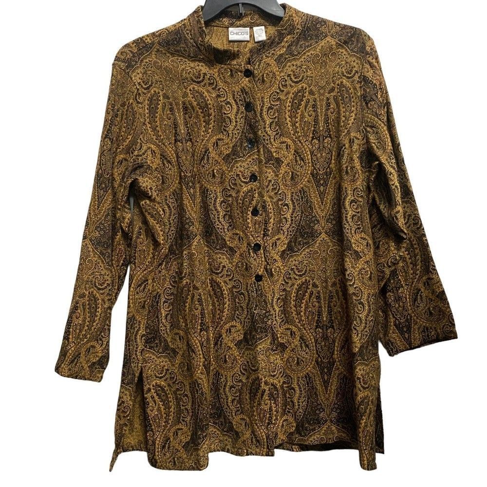 Chico's Women's Plus Sz 3 Brown Paisley Print Button Down Long‎ Sleeve Jacket*
